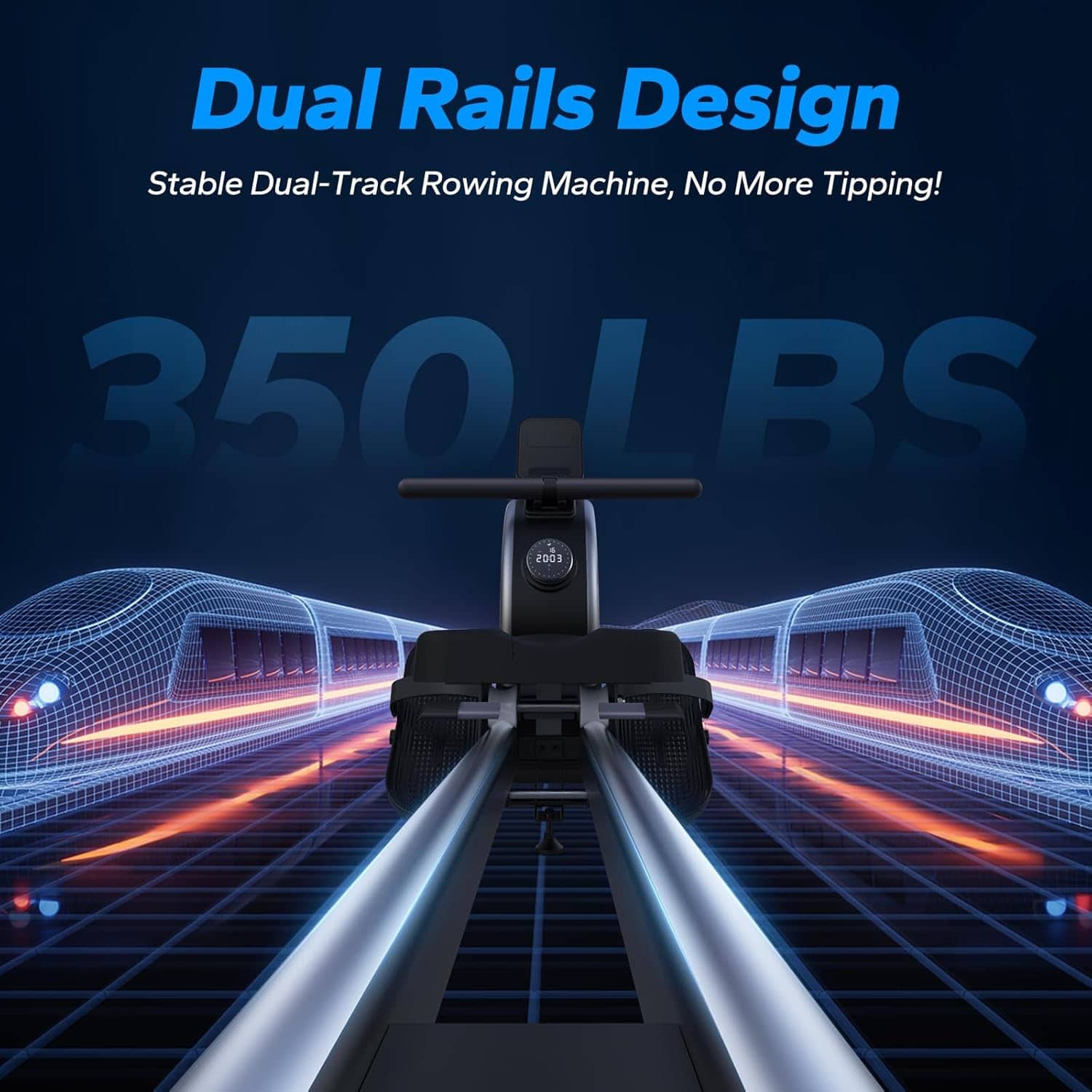 Stable dual-track rowing machine with dual rails design on a dark background