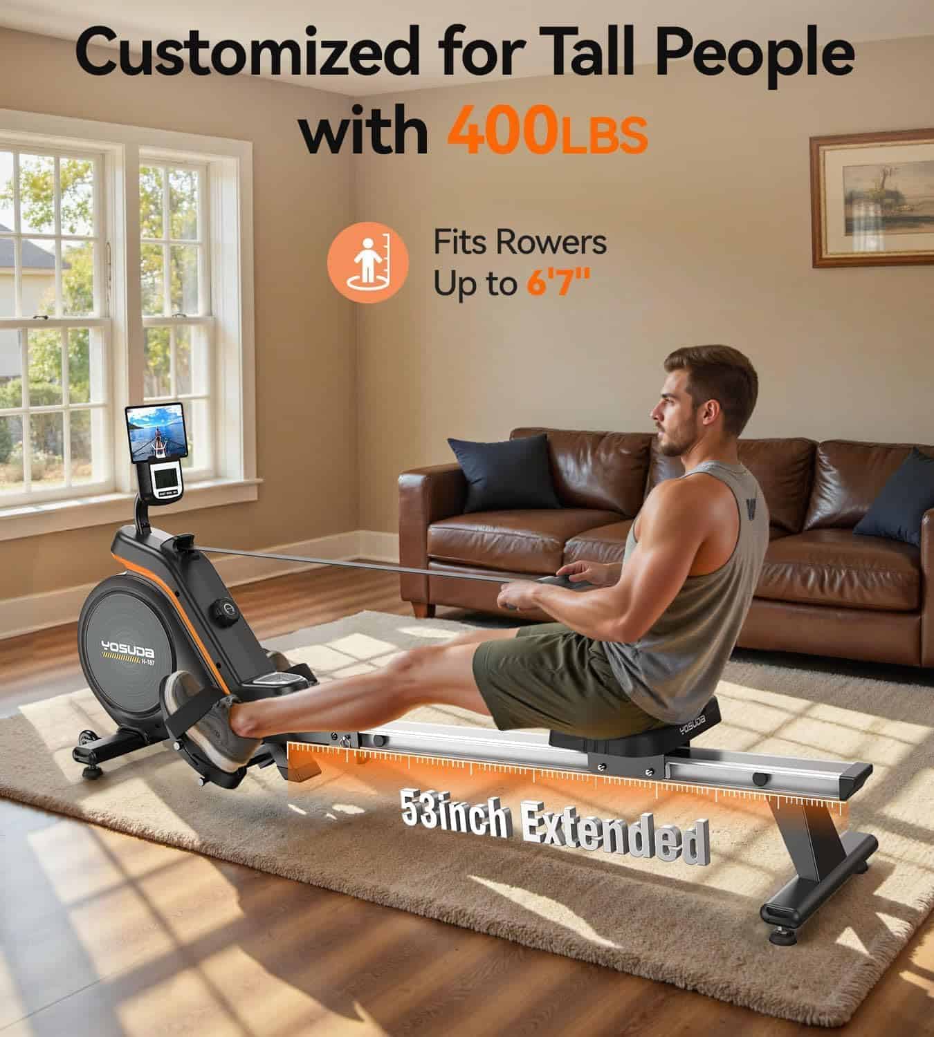 Person using a rowing machine in a living room with text indicating customization for tall people and weight capacity.