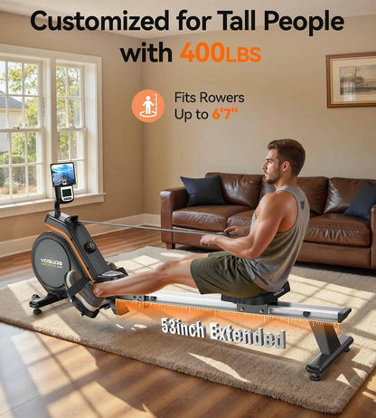 Person using a rowing machine in a living room with text indicating customization for tall people and weight capacity.