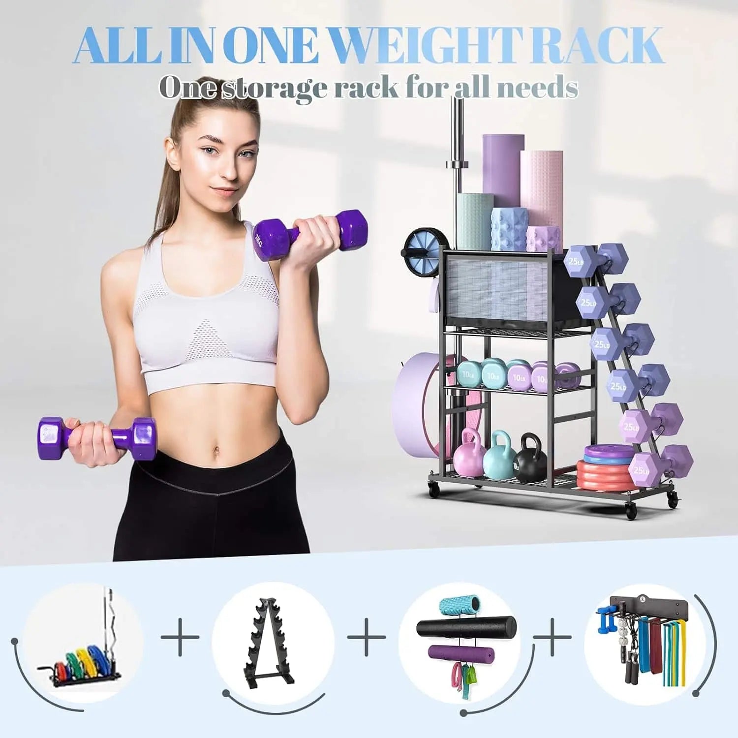 PLKOW All-in-One Home Gym Storage Rack – Dumbbell & Barbell Organizer with Hooks, Wheels, Yoga Mat Holder (550 lb Capacity)