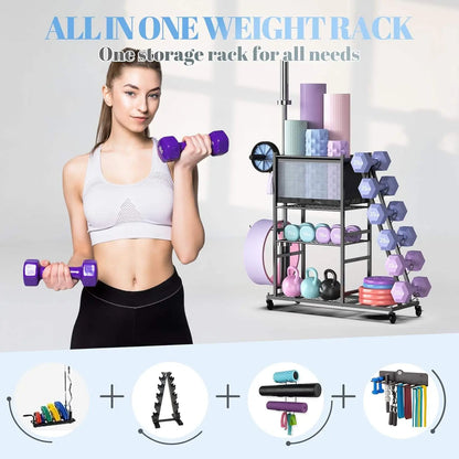 PLKOW All-in-One Home Gym Storage Rack – Dumbbell & Barbell Organizer with Hooks, Wheels, Yoga Mat Holder (550 lb Capacity)