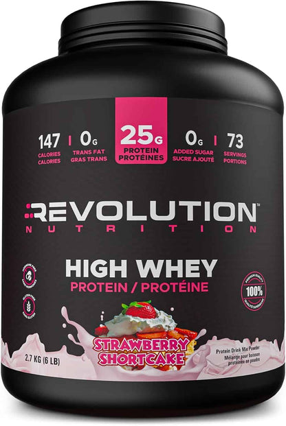 Black container of Revolution Nutrition High Whey Protein Strawberry Shortcake flavor on a white background