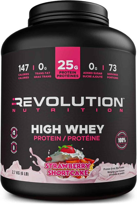 Black container of Revolution Nutrition High Whey Protein Strawberry Shortcake flavor on a white background