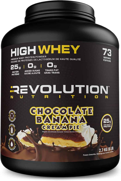 High Whey protein powder container by Revolution Nutrition in chocolate banana cream pie flavor