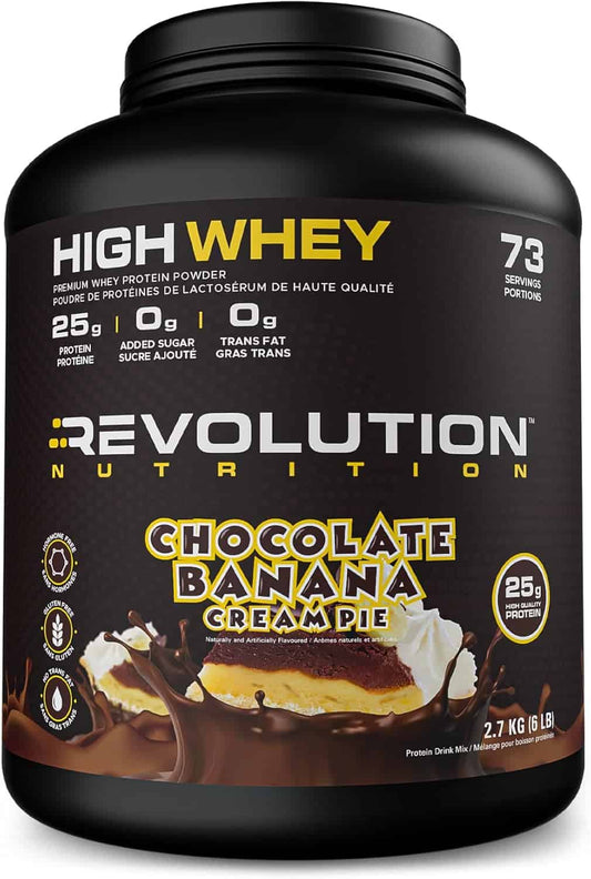 High Whey protein powder container by Revolution Nutrition in chocolate banana cream pie flavor