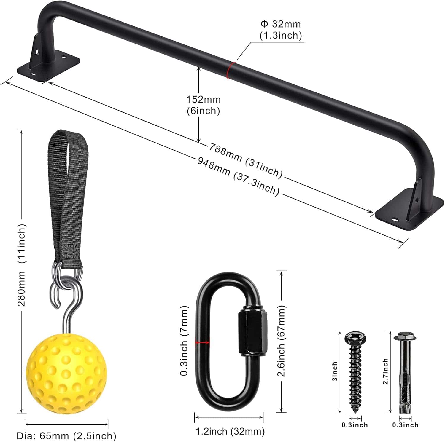 Black metal pull-up bar with measurements and additional components on a white background