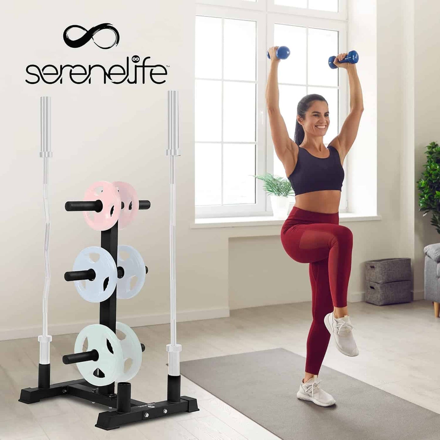 SereneLife Olympic Weight Plate Rack – 2-in-1 Barbell & Plate Holder (800 lb Capacity) SereneLife