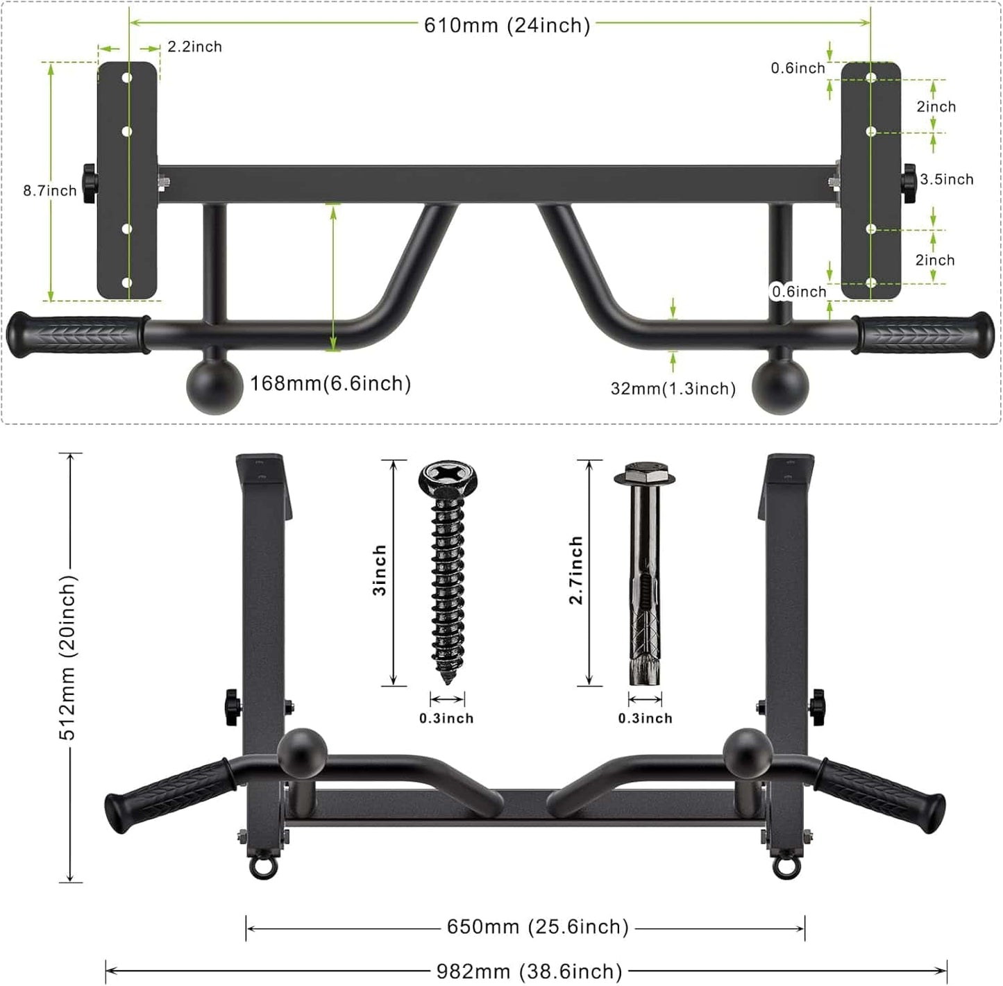 Detailed measurements of a black pull-up bar with mounting hardware on a white background.