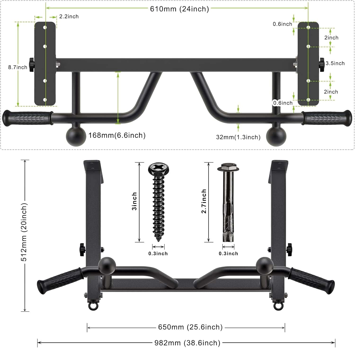 Detailed measurements of a black pull-up bar with mounting hardware on a white background.