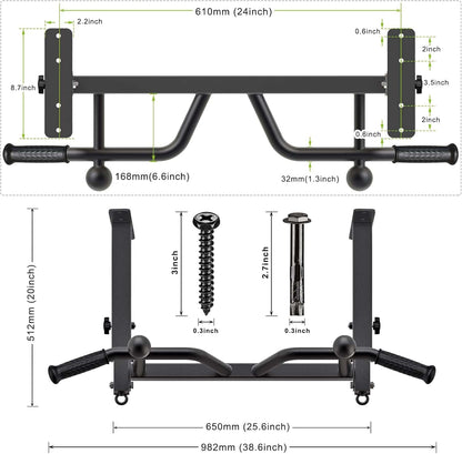 Detailed measurements of a black pull-up bar with mounting hardware on a white background.