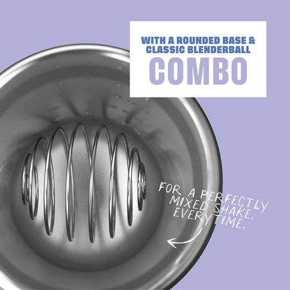 Metallic blender container with text on a purple background