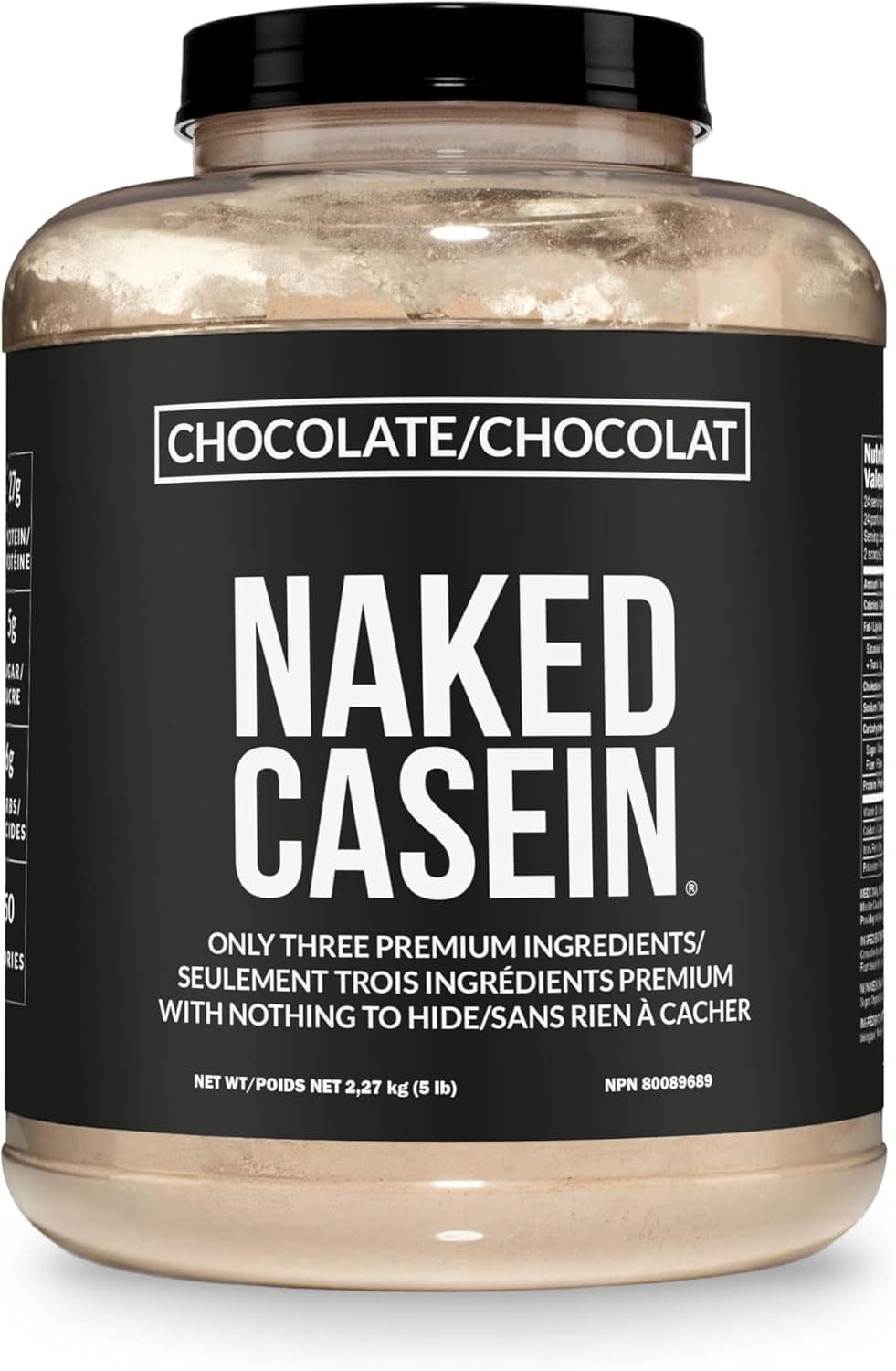 Naked Casein protein powder jar with black label on a white background