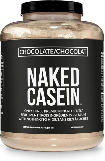 Naked Casein protein powder jar with black label on a white background
