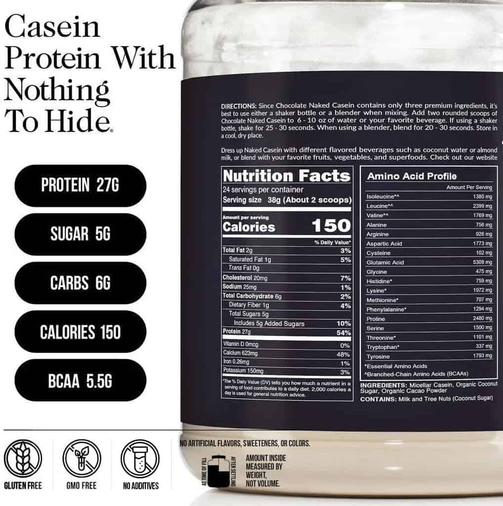 Naked Casein Protein container with nutritional information and ingredients listed.