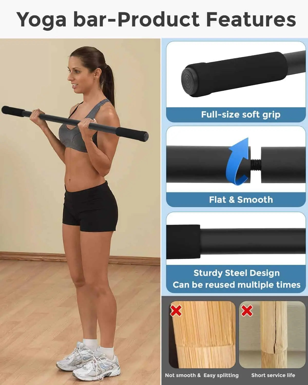 P Polerden Adjustable Yoga Stick – 5ft Sturdy Steel Stretch Stick with Non-Slip Ends P Polerden