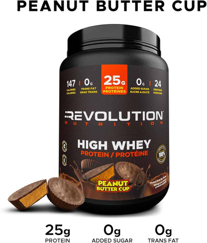 Protein powder container labeled 'Revolution Nutrition High Whey Protein' in Peanut Butter Cup flavor on a white background.
