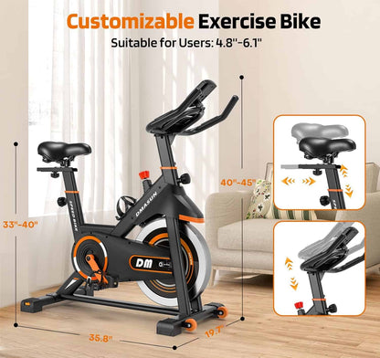 Exercise bike with customizable features and dimensions displayed on a neutral background