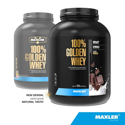 Two Maxler protein powder containers, one black and one gray, on a white background.