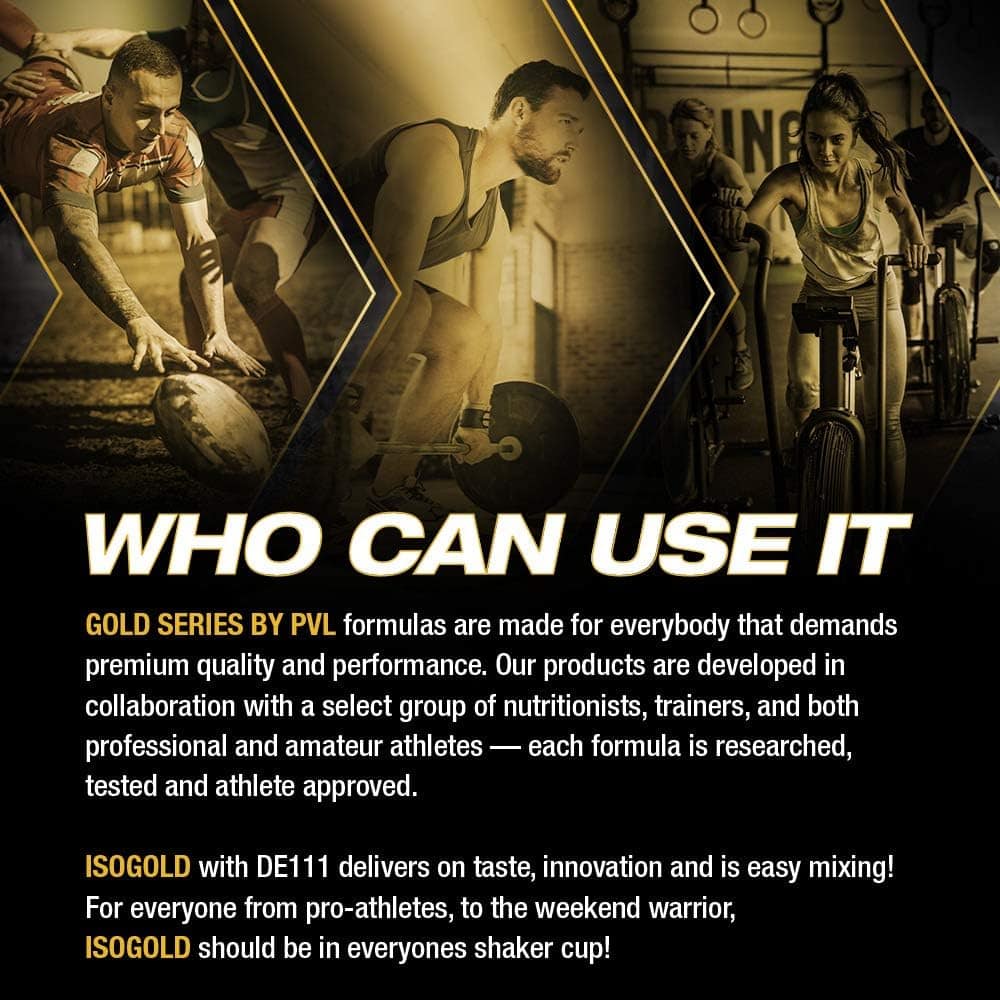 Advertisement for PVL Gold Series products with images of people exercising and text about product use.