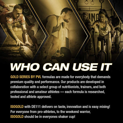 Advertisement for PVL Gold Series products with images of people exercising and text about product use.