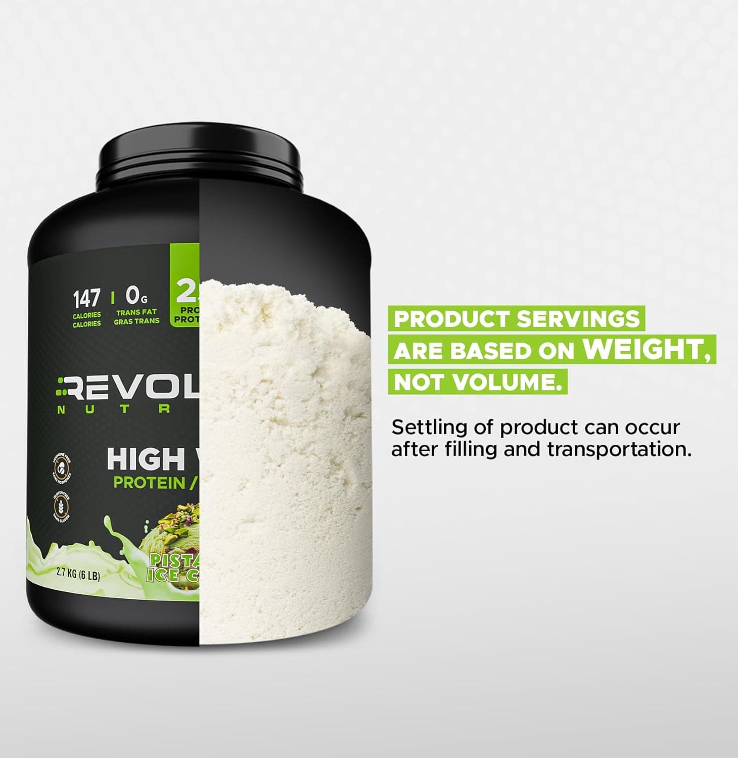 Black container of Revolution Nutra protein powder with text on a gray background