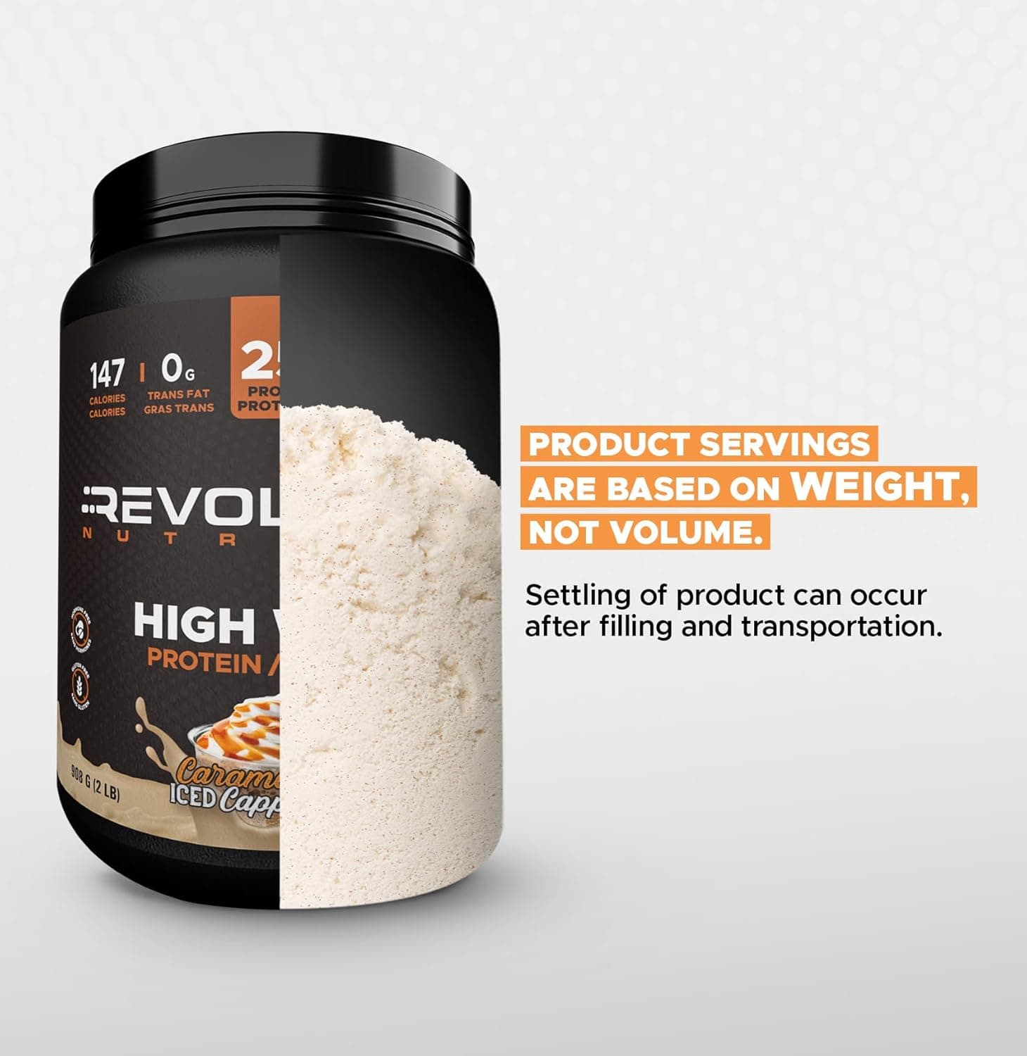 Black container of Revolution High Protein Powder with text on a gray background