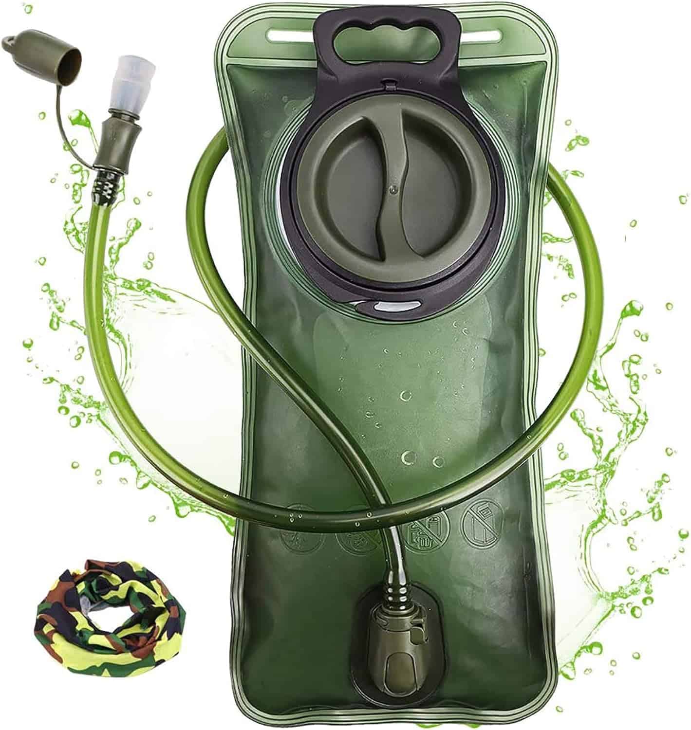Green hydration bladder with hose and camouflage bandana on a white background
