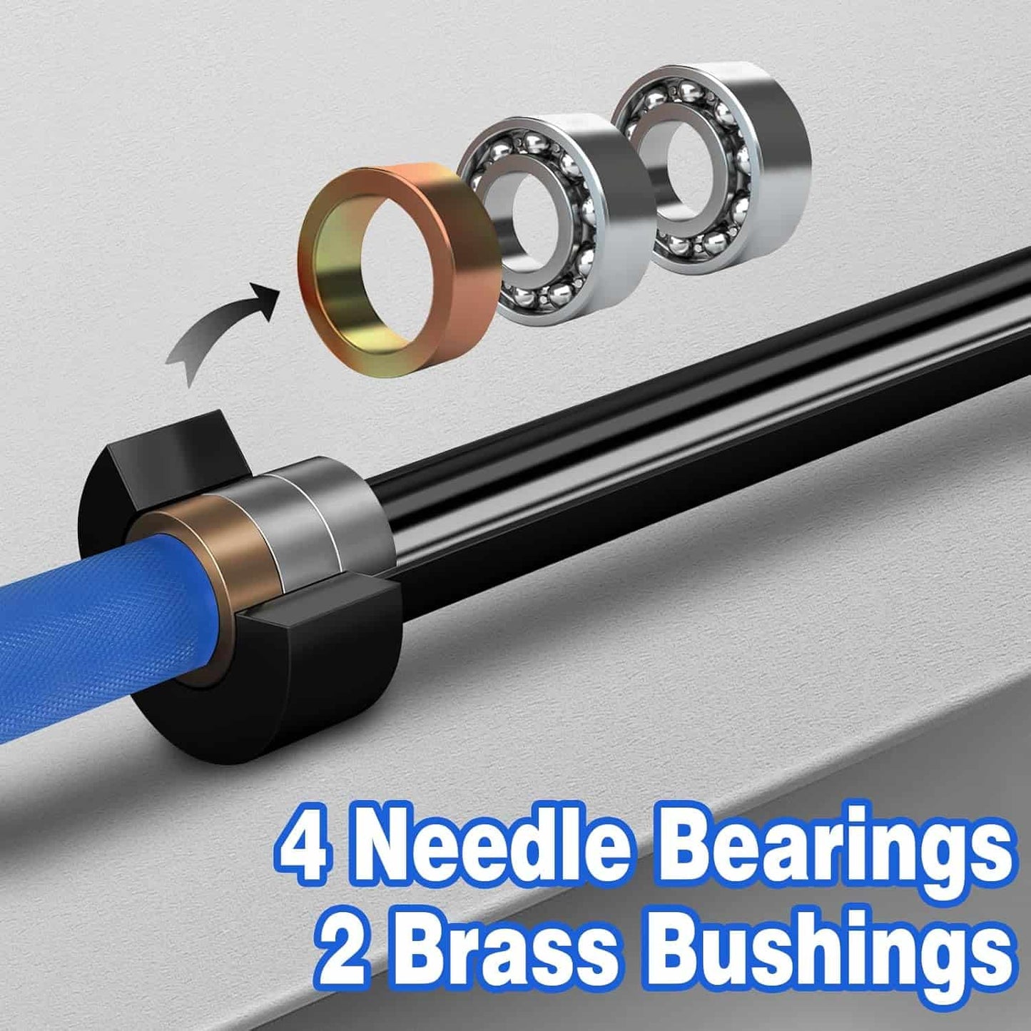 Mechanical component with needle bearings and brass bushings on a gray background