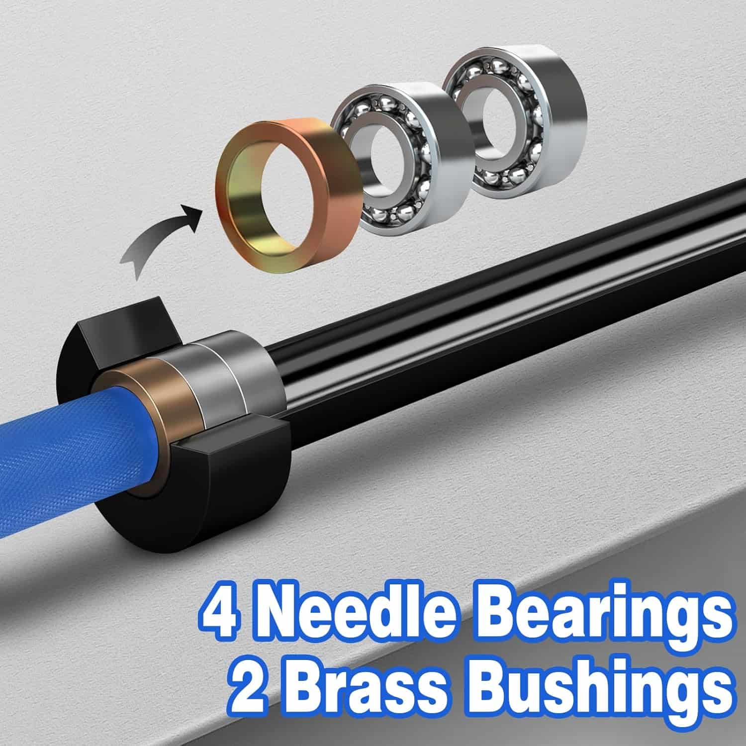 Mechanical component with needle bearings and brass bushings on a gray background