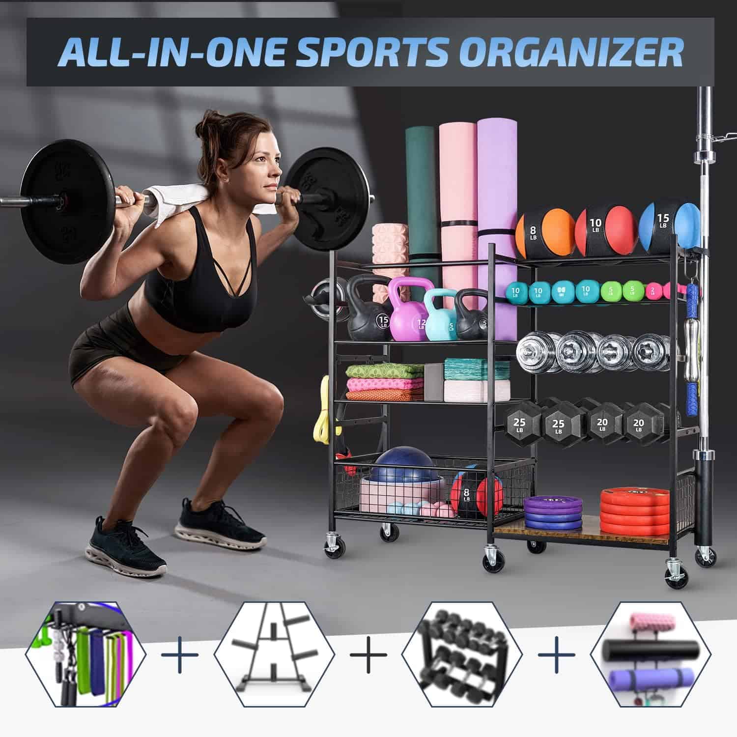 PLKOW All-in-One Home Gym Storage Rack – Dumbbell & Barbell Organizer with Hooks, Wheels, Yoga Mat Holder (550 lb Capacity)