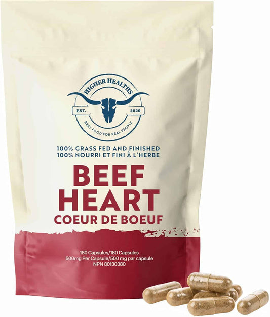 Higher Healths Grass-Fed Beef Heart Supplement – 3000mg Freeze-Dried – CoQ10-Rich Antioxidant – 180 Capsules – Made in Canada