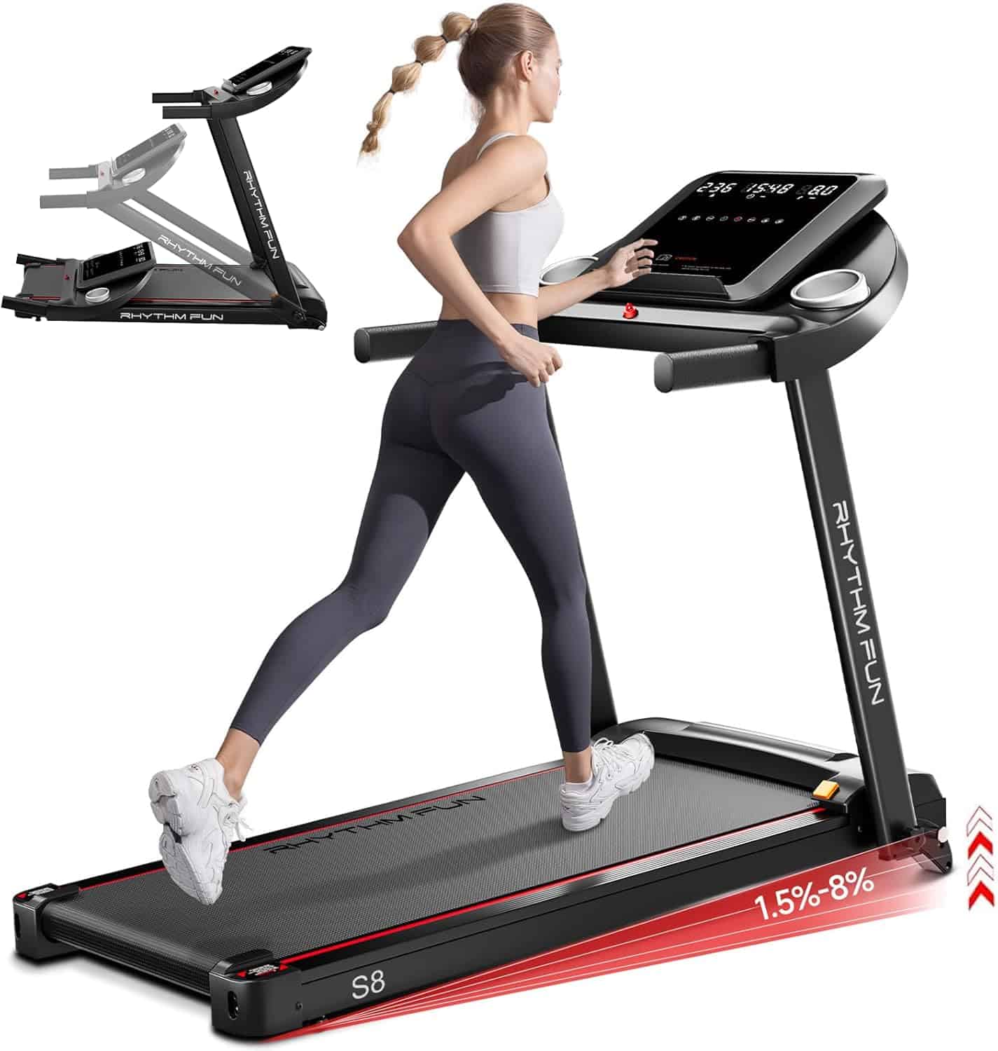 RHYTHM FUN Folding Walking Pad Treadmill – 8.0 MPH, 8% Incline, App Connected, Compact & Quiet for Home RHYTHM FUN