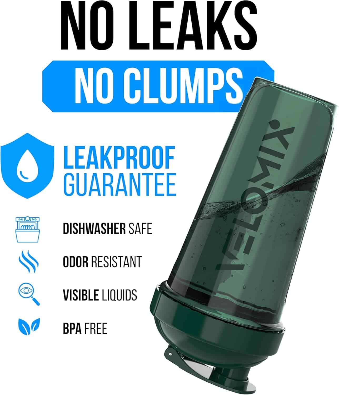 Green shaker bottle with text highlighting features on a white background