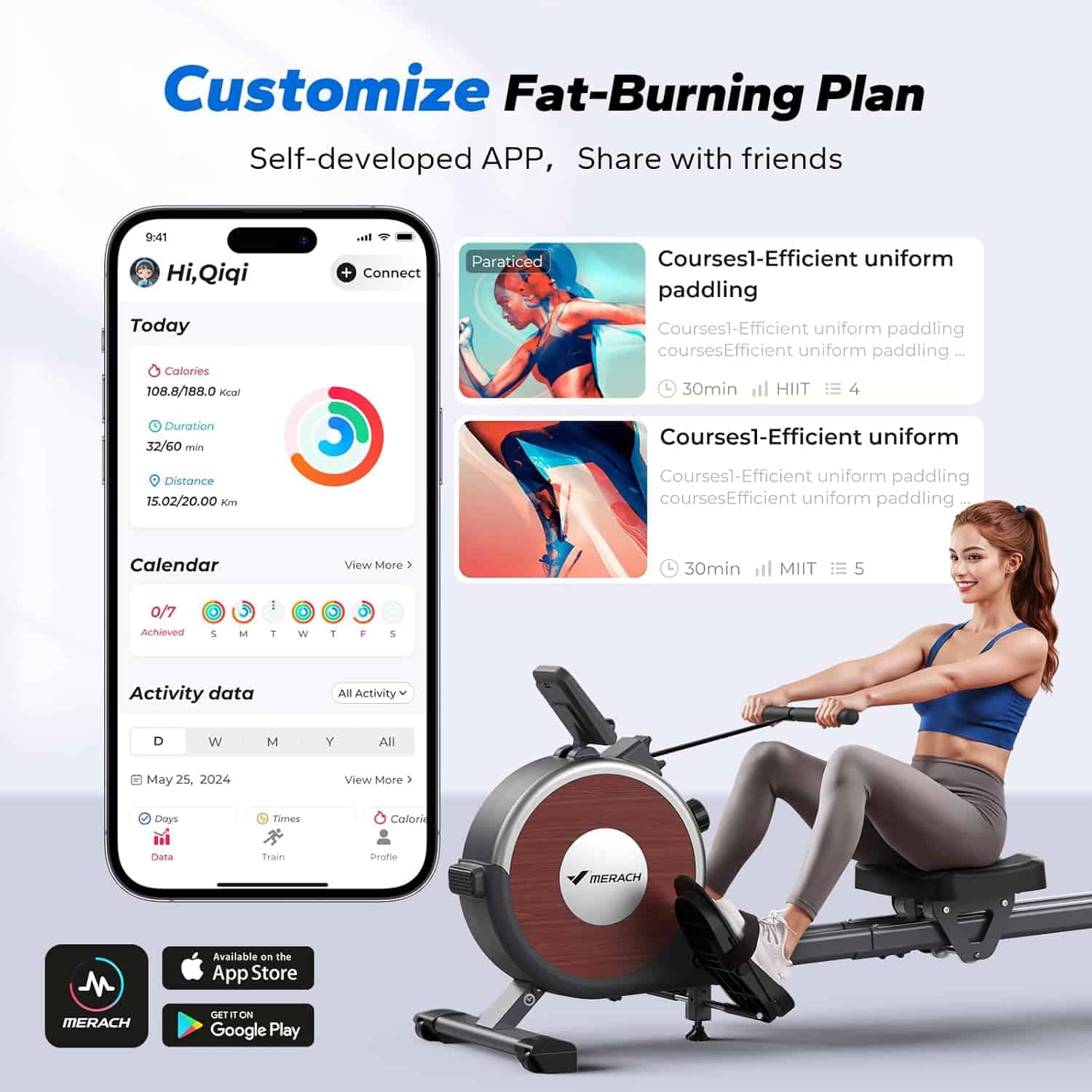Fitness app interface on a smartphone with a rowing machine and a woman exercising, featuring Merach brand.
