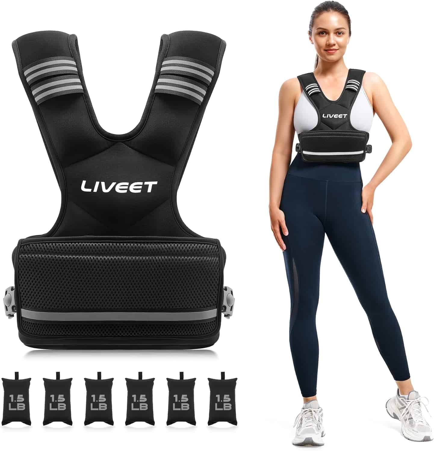 Liveet Adjustable Weighted Vest for Men & Women – 4–32lb with Iron Sand Bags, Reflective Strips & Adjustable Buckle Straps for Walking, Cardio & Strength Training Liveet