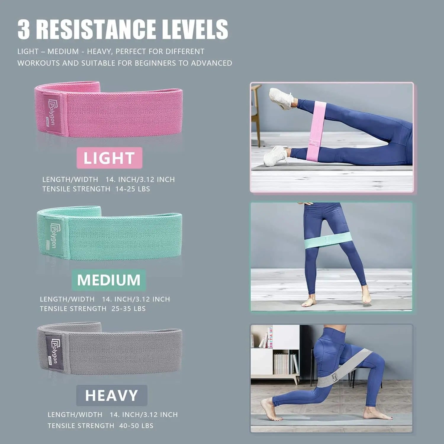 Polygon Fabric Resistance Bands – Set of 3 Non-Slip Booty Bands for Legs, Glutes & Thigh Workouts Polygon