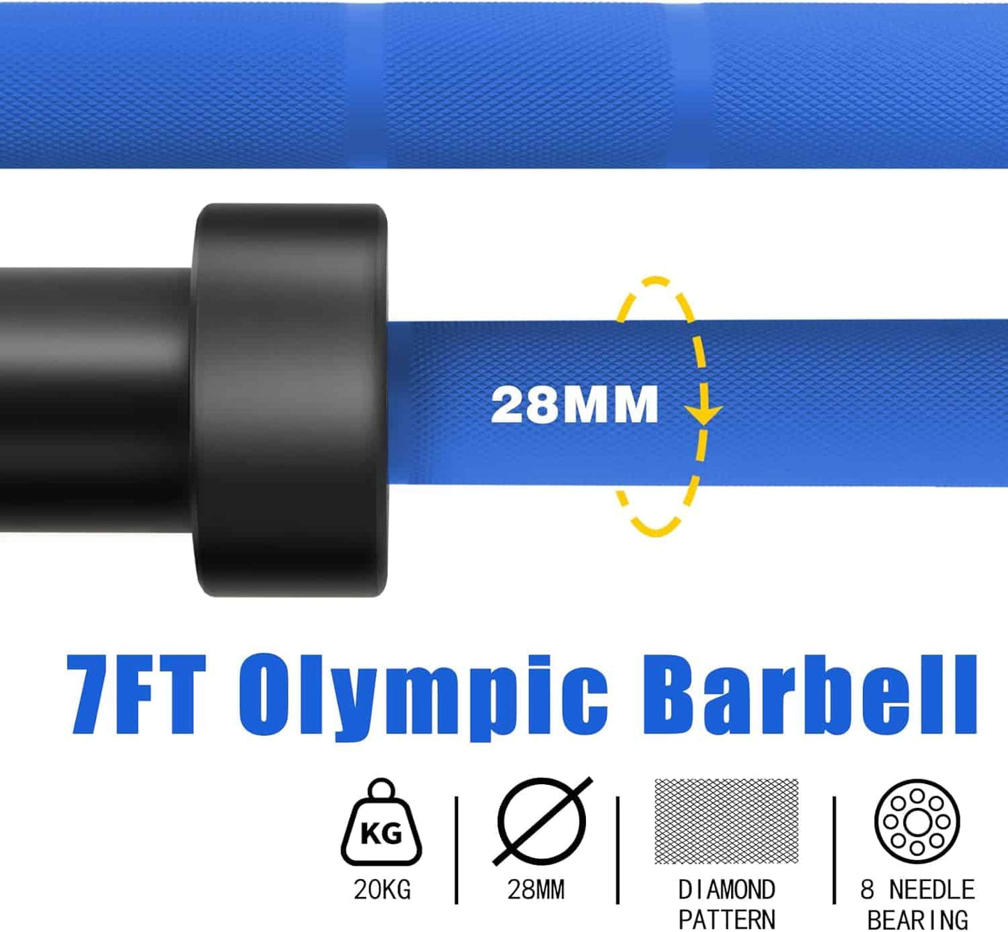 7ft Olympic barbell with 28mm diameter and specifications on a blue and white background
