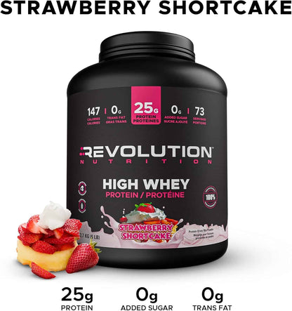 Black protein powder container labeled 'Revolution Nutrition' with strawberry shortcake flavor on a white background.