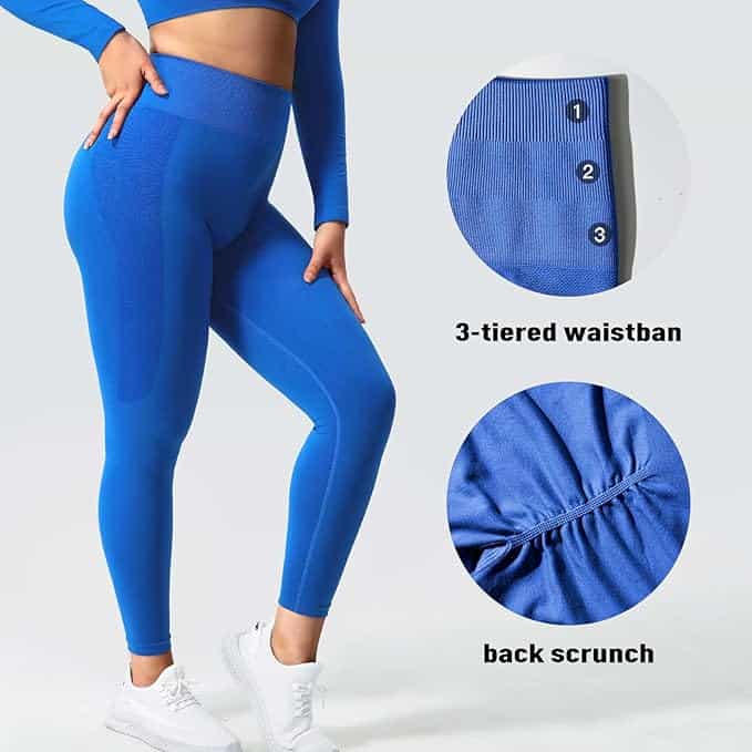 Blue leggings with a 3-tiered waistband and back scrunch feature on a gray background.