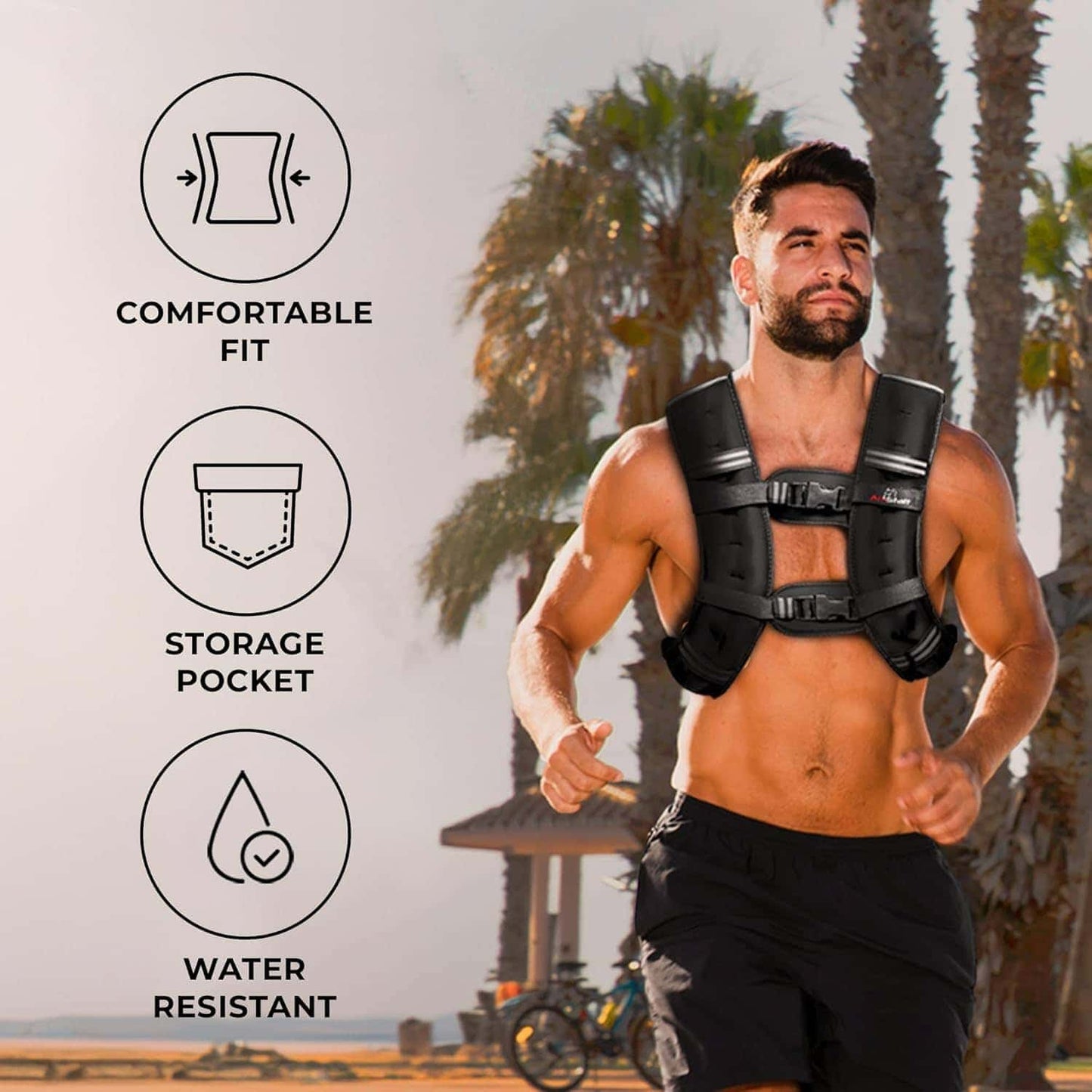 Man running outdoors wearing a black fitness vest with features highlighted on the left.