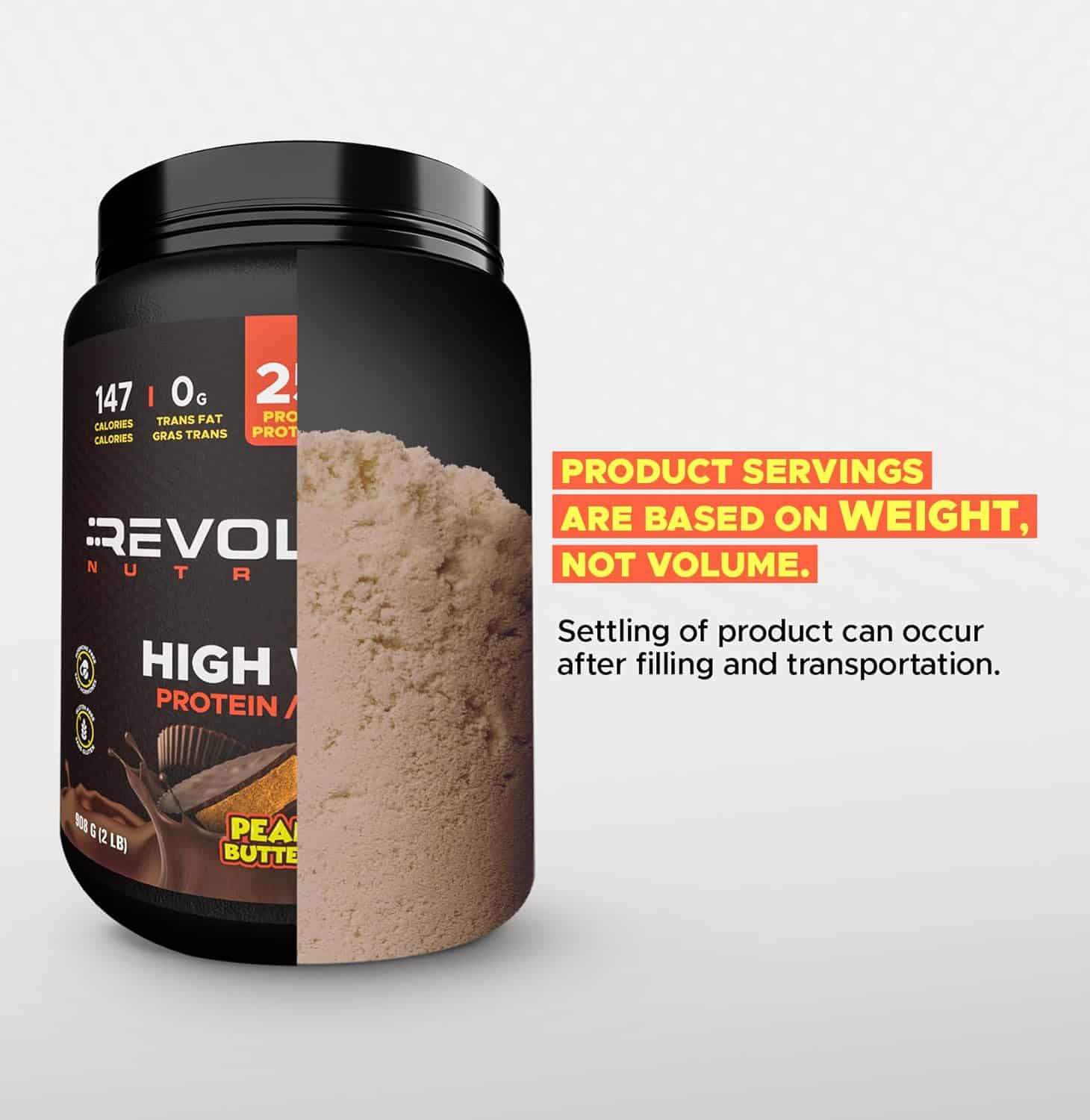 Protein powder container with visible text and branding on a light gray background