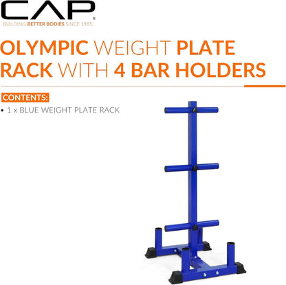 Blue Olympic weight plate rack with 4 bar holders on a white background, featuring CAP brand.