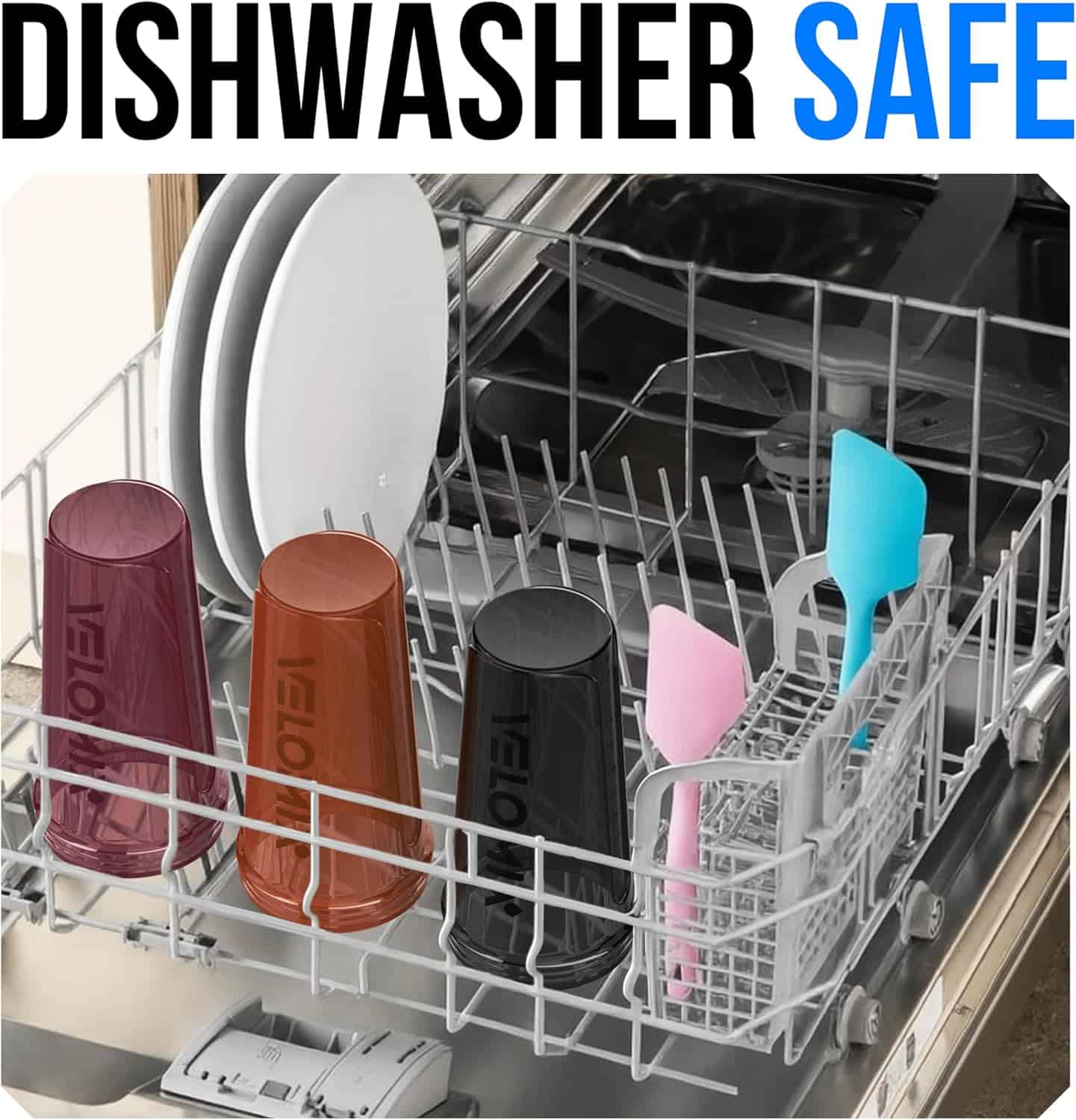 Dishwasher with loaded racks featuring colorful cups and utensils, with 'Dishwasher Safe' text above.