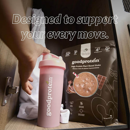 Goodprotein shaker bottle and packaging on a wooden surface with text 'Designed to support your every move.'