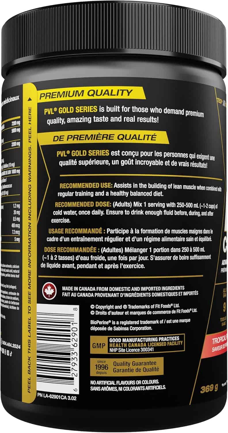 Supplement container with black lid and yellow text on a black background