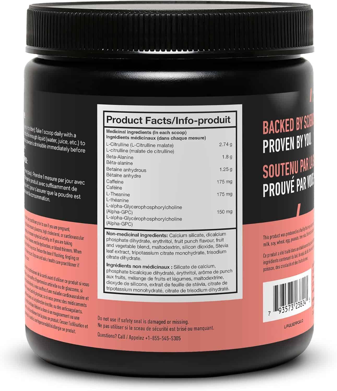 Supplement container with label showing product facts and ingredients on a white background