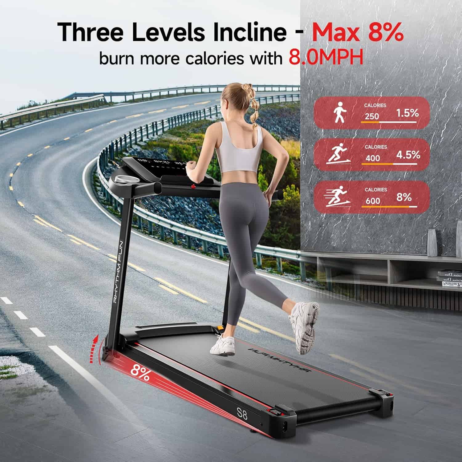 RHYTHM FUN Folding Walking Pad Treadmill – 8.0 MPH, 8% Incline, App Connected, Compact & Quiet for Home RHYTHM FUN