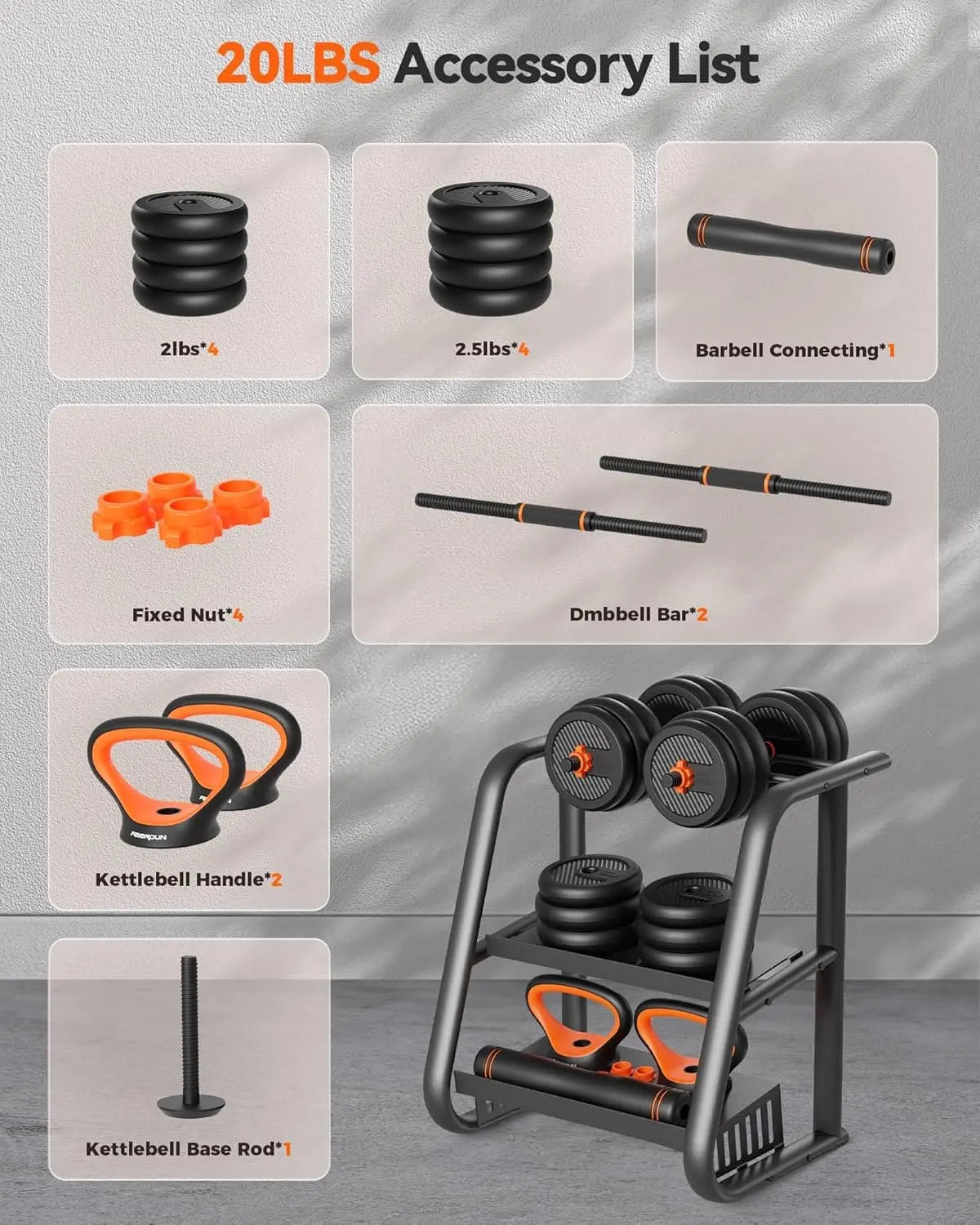 FEIERDUN 4-in-1 Adjustable Dumbbell Set – Converts to Barbell, Kettlebell & Push-Up Stand (20–90 lbs) FitCore Supply