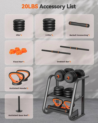 FEIERDUN 4-in-1 Adjustable Dumbbell Set – Converts to Barbell, Kettlebell & Push-Up Stand (20–90 lbs) FitCore Supply