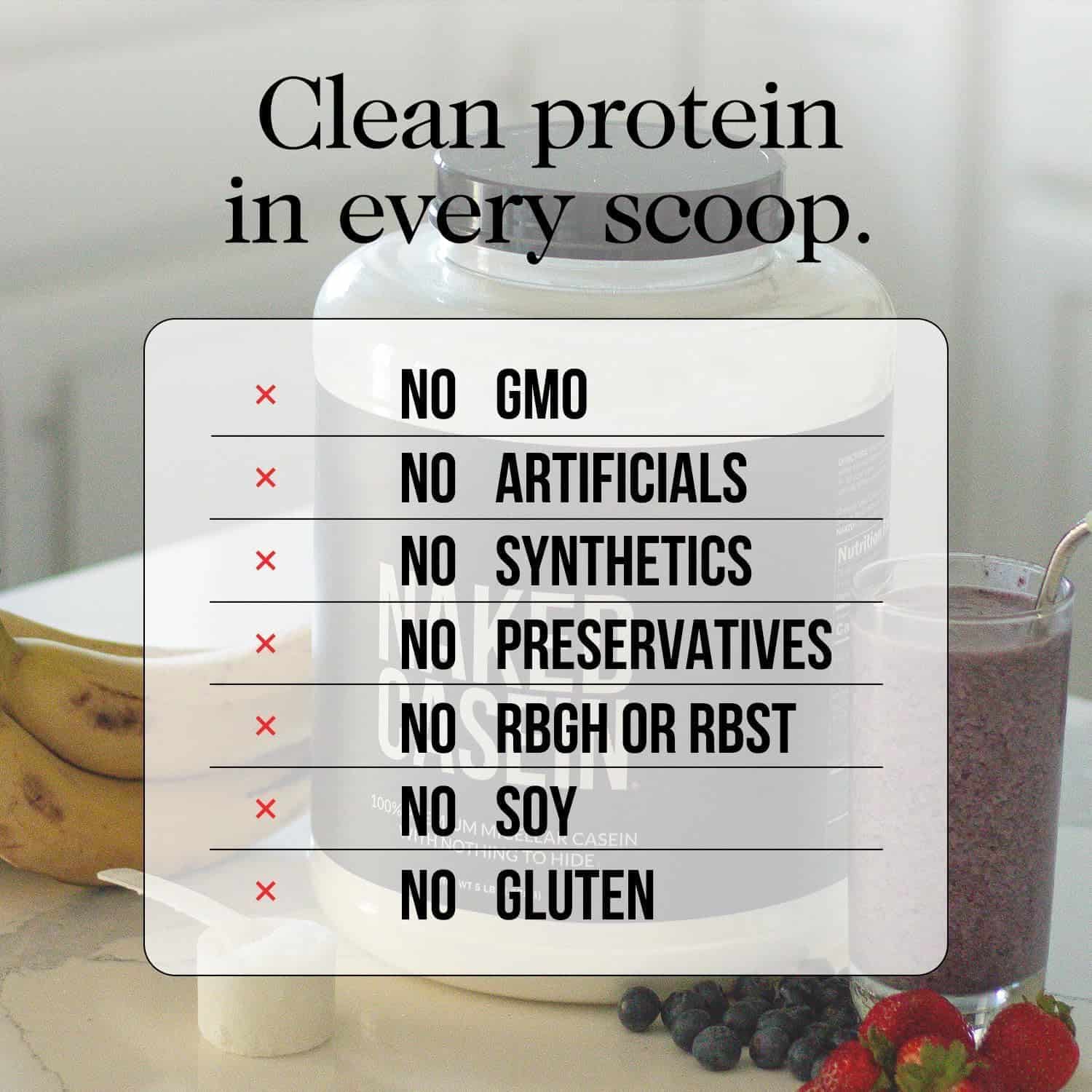 Protein powder container with health benefits listed and a smoothie with berries in the background.